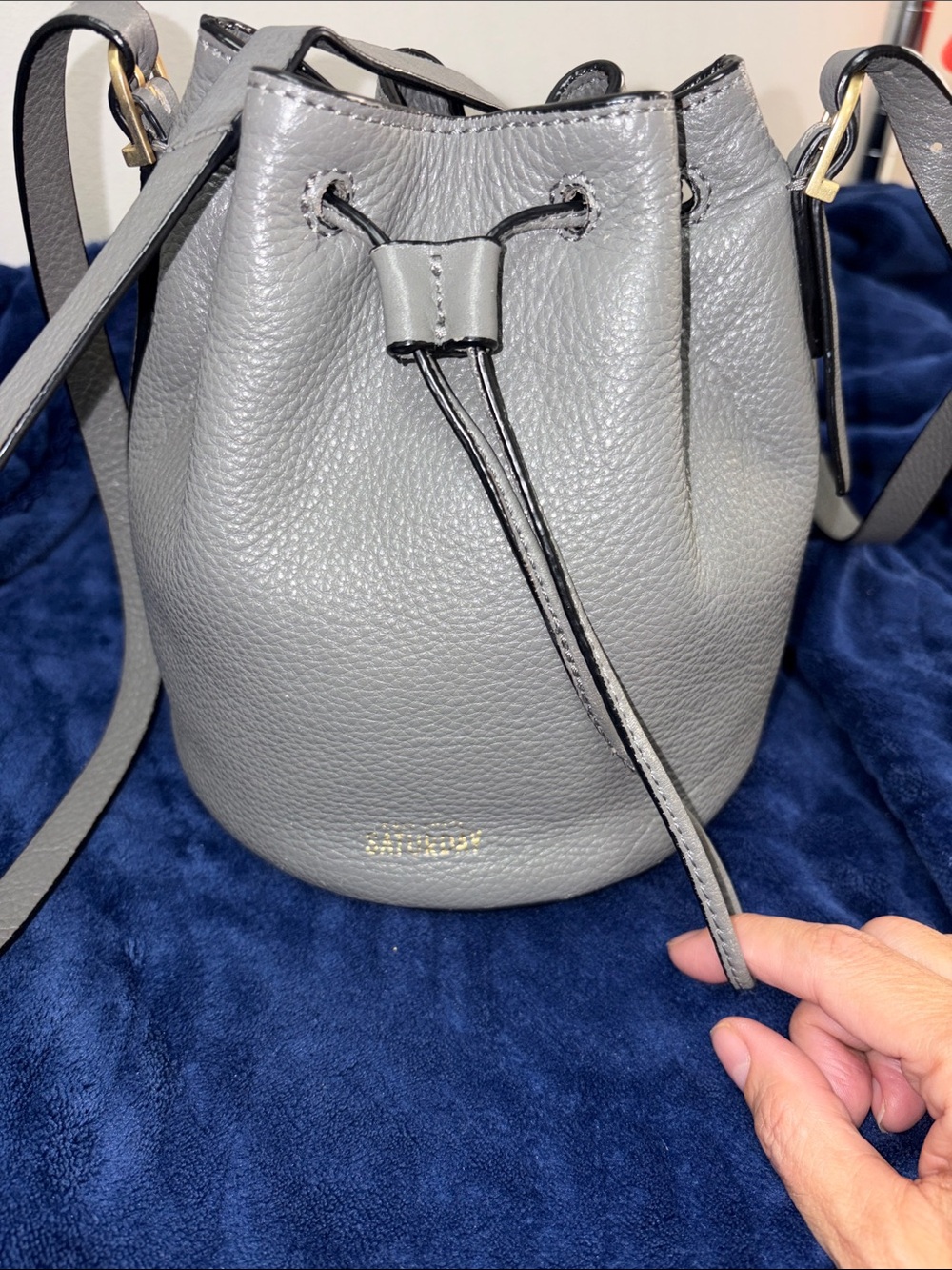 kate spade Gray Mini Drawstring Bucket Bag with Striped Liner